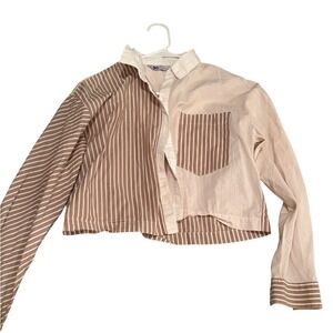 SO Goods for Life Womens Small Striped Cropped Button Down Shirt Tan Cream Mixed
